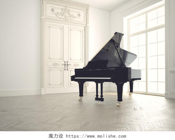 在一间空荡荡的古典音乐室里弹奏钢琴